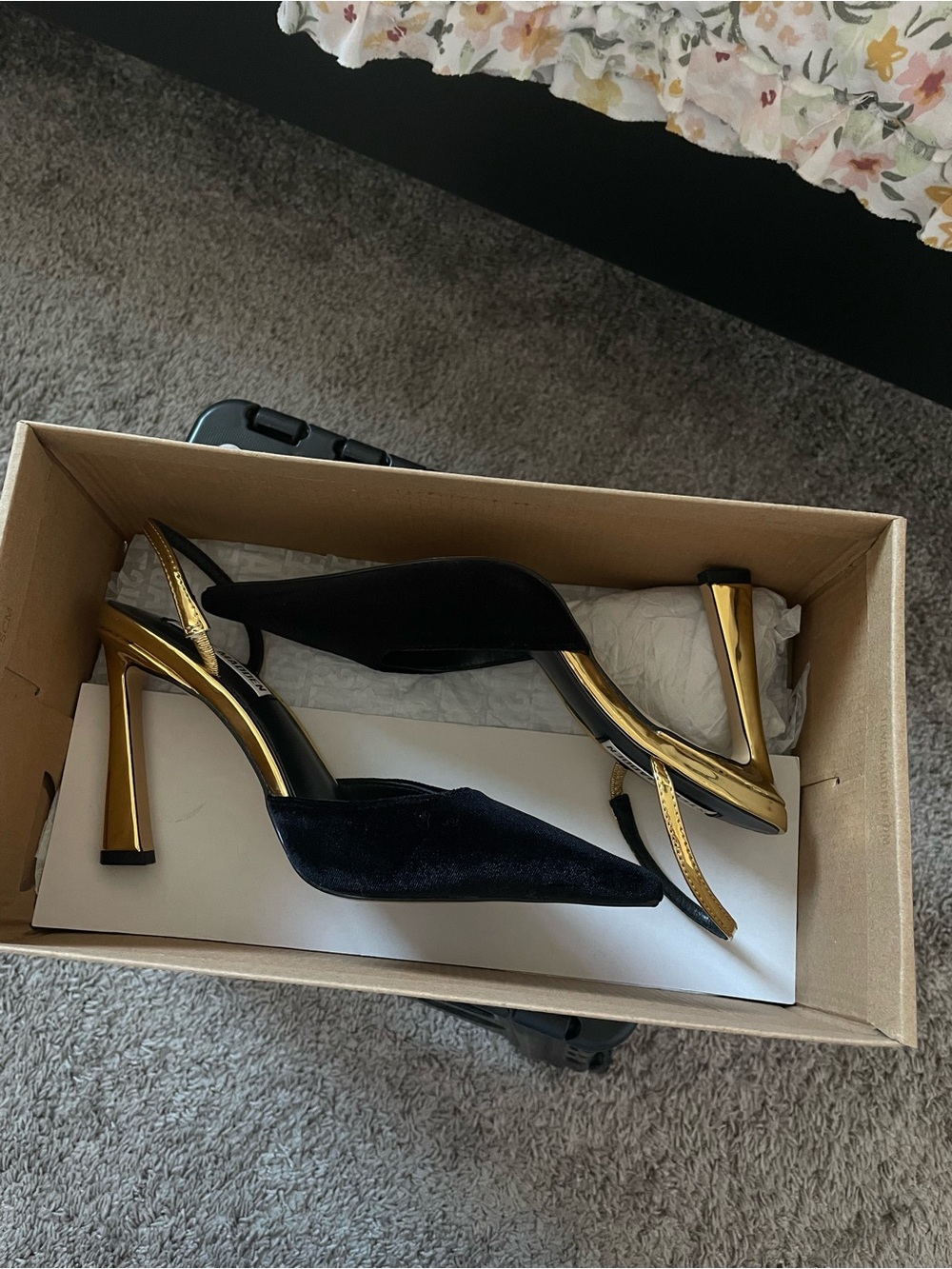 Steve Madden Black Velvet Slingback Heels with Gold Metallic Heel